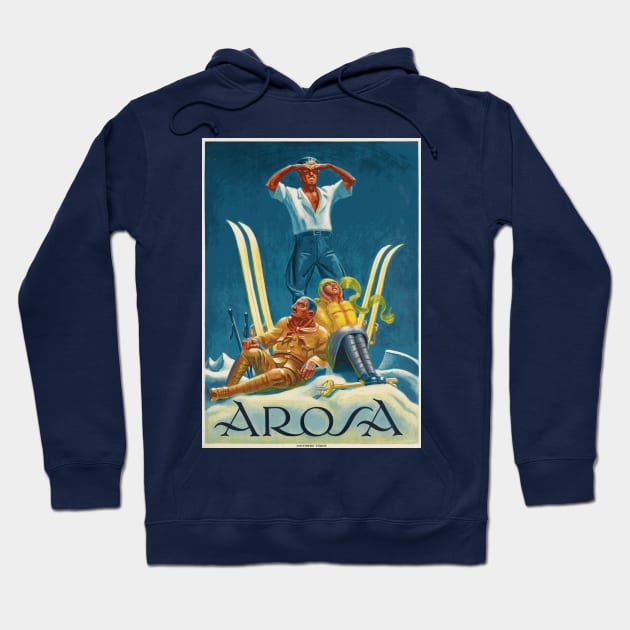 Skiing in Arosa, Switzerland - Vintage Swiss Travel Poster Hoodie by Naves